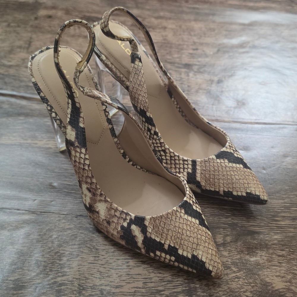 ALDO Slingback Pumps Womens 10 Brown Snakeskin Clear Block Heel Pointed Toe